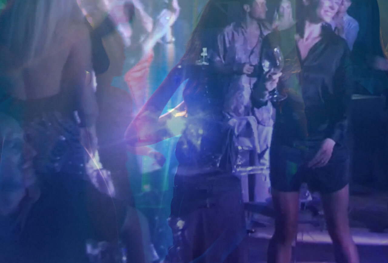 Silhouette image of people dance in disco night club to music from DJ on stage . New year night party and nightlife concept .