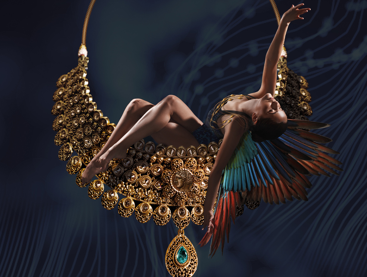 A female gymnast on an air ring (hoop)